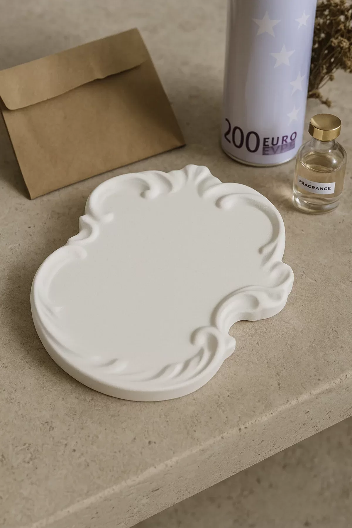 Vintage Dekoratif Takı Tepsisi - Barok Tasarımlı Takılık - Taş Tozu Organizer